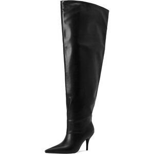 Women's Black Faux Leather Wide Calf Thigh High Heeled Stiletto Cone Heel Boots